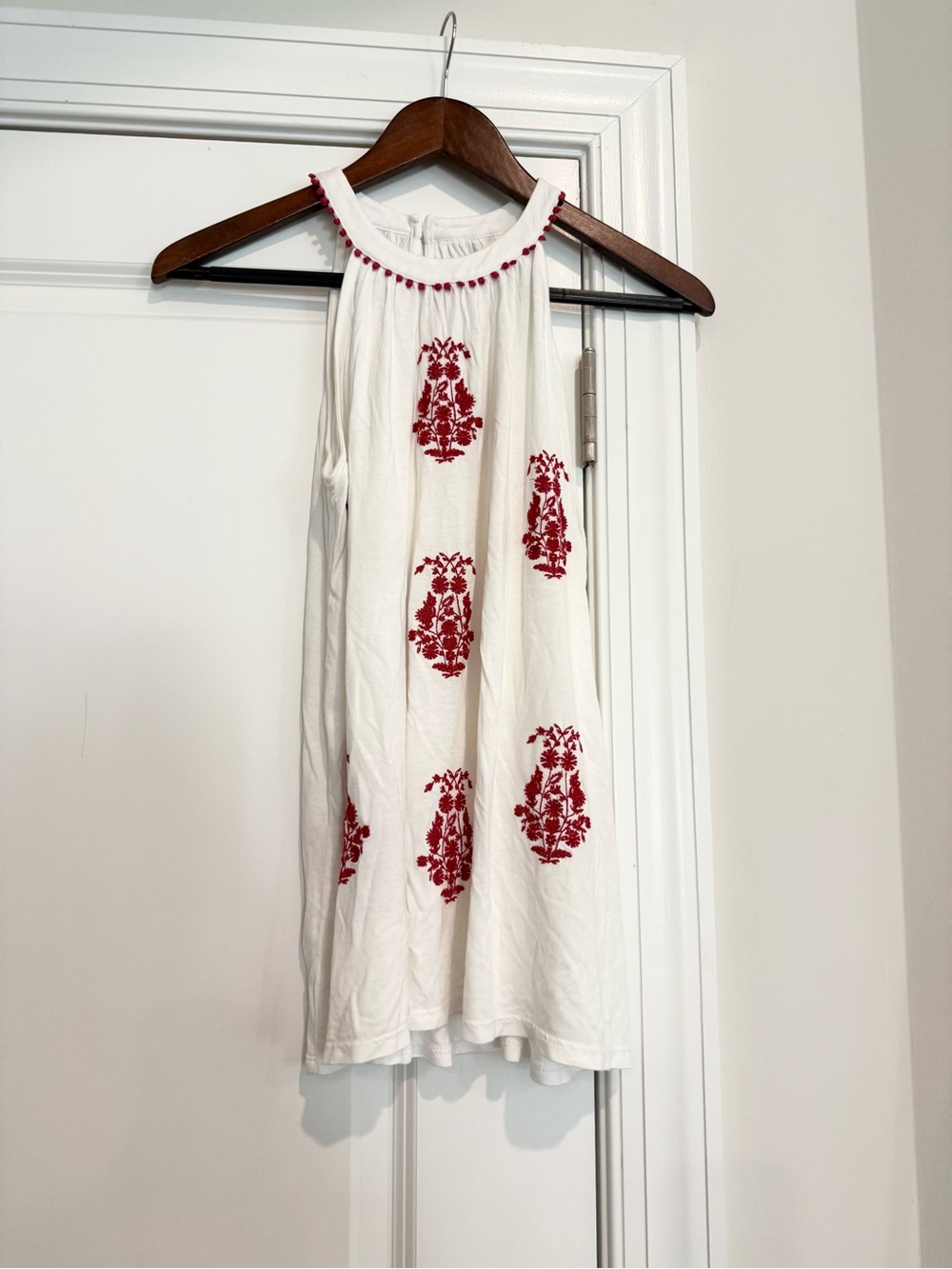 NWT LOFT White Halter Tank with Red Floral Embroidery